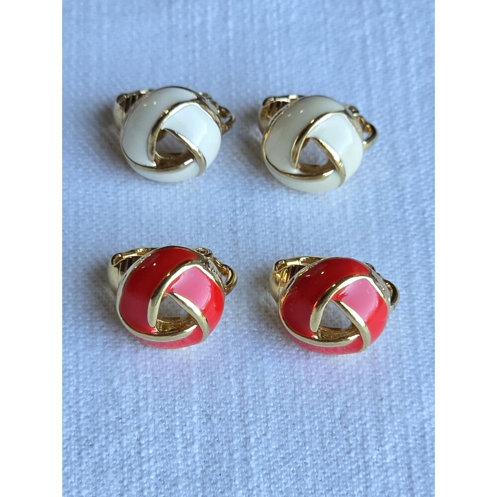 Vintage Sarah Coventry Enamel Love Knot Clip-On Earrings 2 Pair Red & White 3/8"
